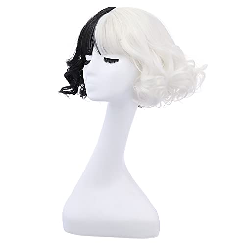MAGQOO Half Black White Wig with Bangs Women Girls Short Curly Wavy Wig Black...
