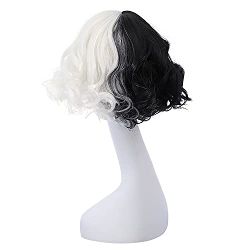 MAGQOO Half Black White Wig with Bangs Women Girls Short Curly Wavy Wig Black...
