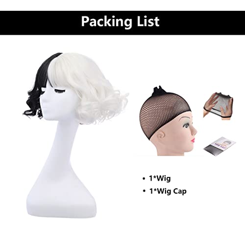 MAGQOO Half Black White Wig with Bangs Women Girls Short Curly Wavy Wig Black...