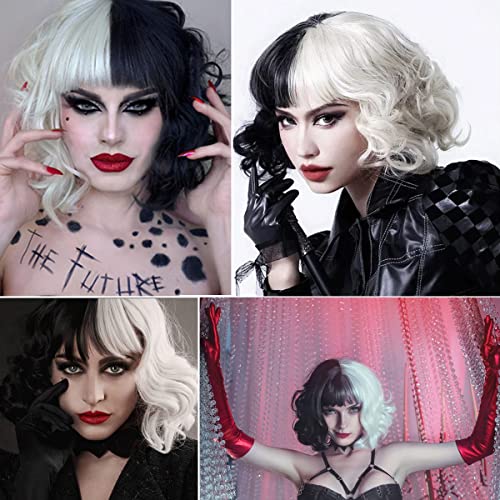 MAGQOO Half Black White Wig with Bangs Women Girls Short Curly Wavy Wig Black...