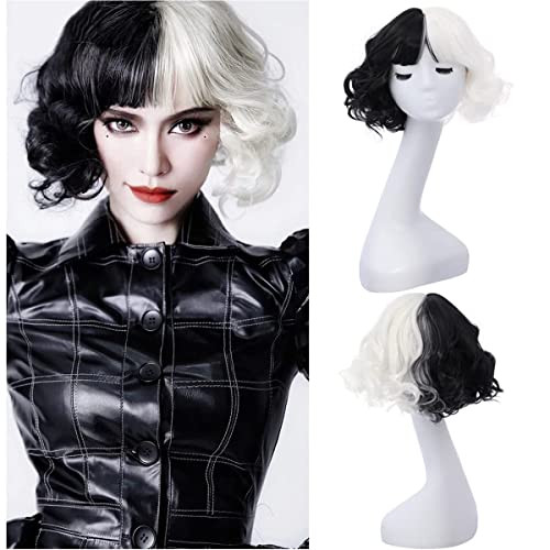 MAGQOO Half Black White Wig with Bangs Women Girls Short Curly Wavy Wig Black...