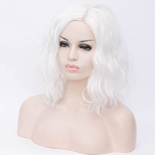 MAGQOO White Wig Side Part Women Girls Short Curly Wavy Bob White Hair Wigs S...