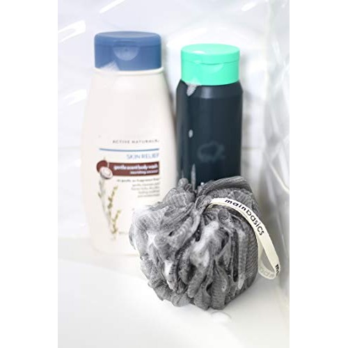 MainBasics Charcoal-Infused Bath Shower Loofah Sponge Pouf Body Scrubber Exfo...