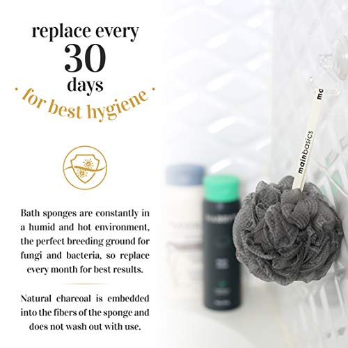 MainBasics Charcoal-Infused Bath Shower Loofah Sponge Pouf Body Scrubber Exfo...