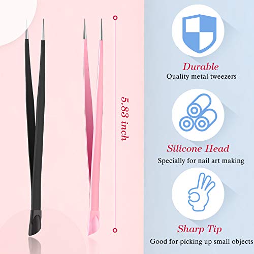 4 Pieces Straight Nail Tweezers Probe Tips Metal Tweezers with Silicone Press...