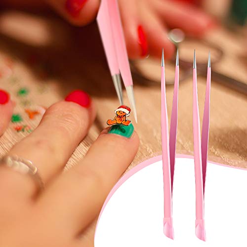 4 Pieces Straight Nail Tweezers Probe Tips Metal Tweezers with Silicone Press...