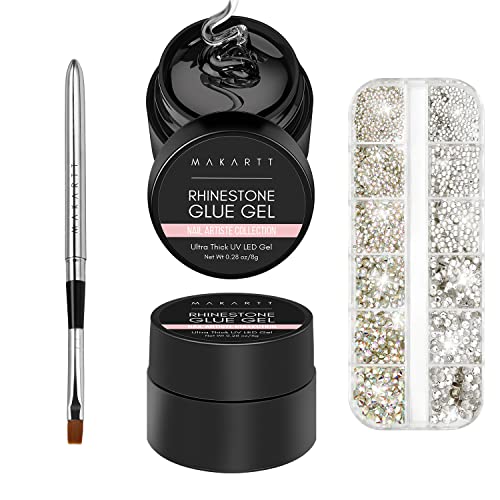 Makartt 2 Jars 8g Nail Rhinestone Glue Gel with Nail Brush Pen& Gems, No Wipe...