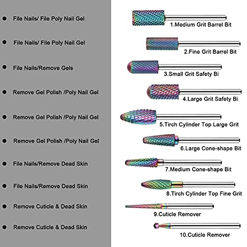 Makartt Nail Drill Bits Set, 10Pcs Tungsten Carbide Nail Drill Bits Remove Ac...