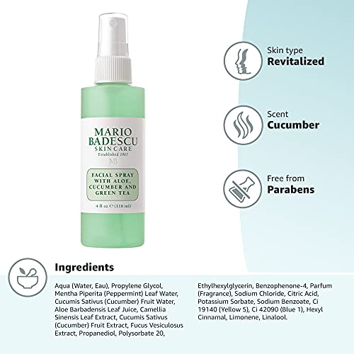 Mario Badescu Skin Care Facial Spray with Aloe, Cucumber And Green Tea, 4 Fl Oz