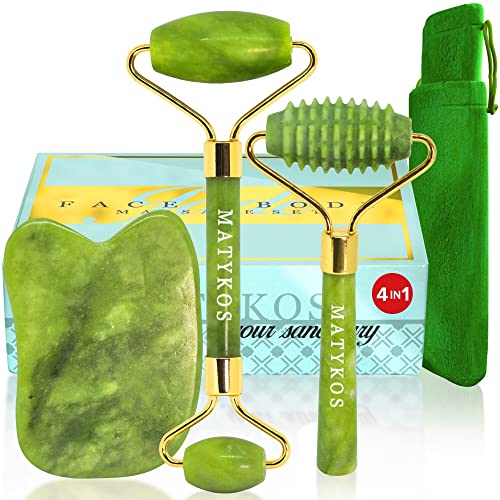 Jade Roller for Face - 4 in 1 - Helps Reducing Puffiness, Wrinkles, Fine Line...