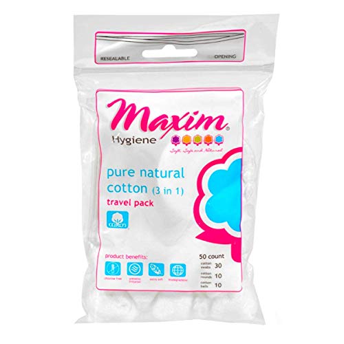 Maxim Natural Cotton Travel Pack, 50ct, Combo (3-in-1, Balls/Rounds/Swabs), N...