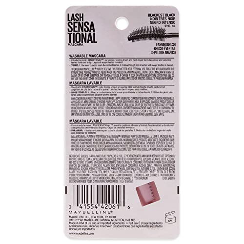 Maybelline New York Lash Sensational Washable Mascara, Blackest Black, (Packa...