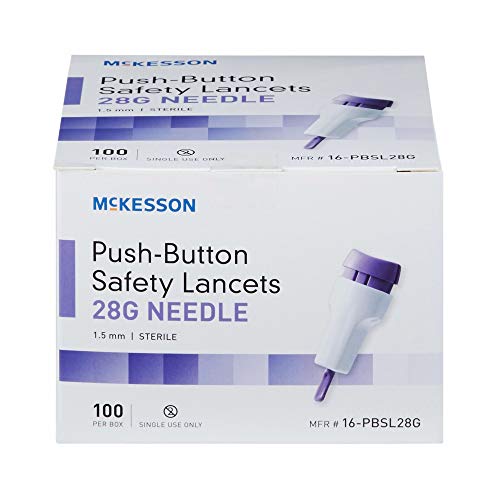 McKesson 28 Gauge Push Button Safety Lancets, Sterile, 1.5 mm Depth, 100 Coun...
