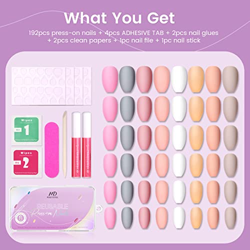 Matte Finish Press On Nails - 192 Ct Short Coffin Fake Nails 8 Solid Colors, ...
