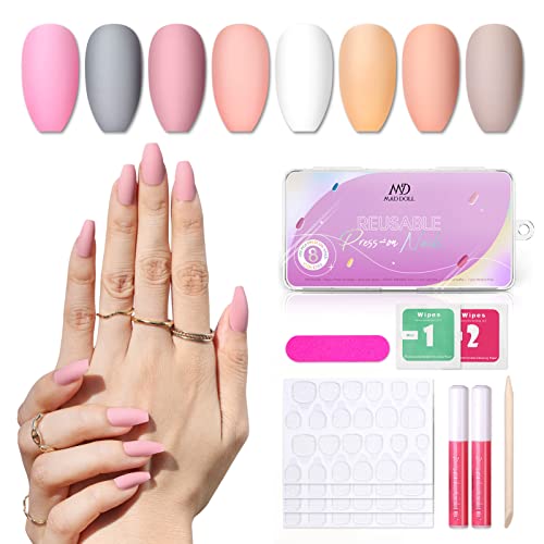 Matte Finish Press On Nails - 192 Ct Short Coffin Fake Nails 8 Solid Colors, ...