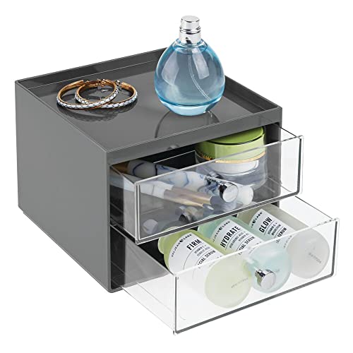 mDesign Plastic Makeup Organizer Storage Station Cube with 2 Drawers for Bath...