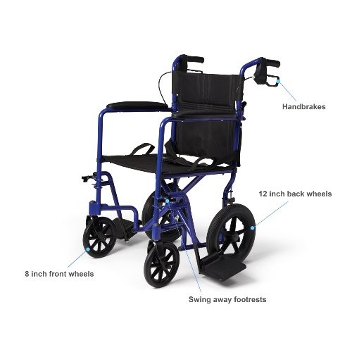 Medline Lightweight Transport Wheelchair with Handbrakes, Folding Transport C...