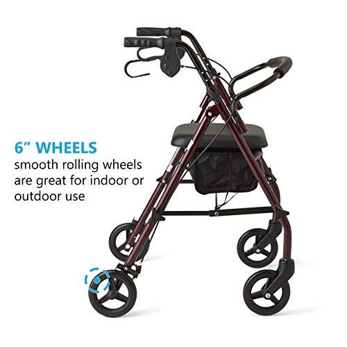Medline Rollator Walker with Seat, Steel Rolling Walker with 6-inch Wheels Su...