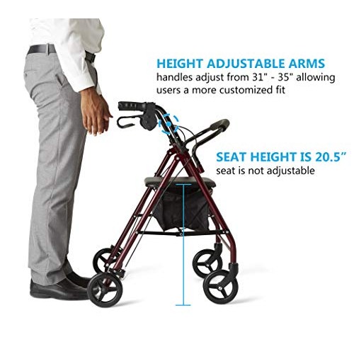 Medline Rollator Walker with Seat, Steel Rolling Walker with 6-inch Wheels Su...
