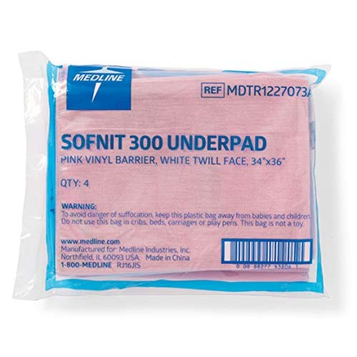 Medline Softnit 300 Washable Underpads, Pack of 4 Large Bed Pads, 34" x 36", ...