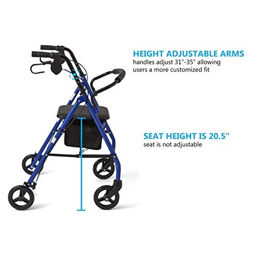 Medline Steel Foldable Adult Transport Rollator Mobility Walker with 6” Wheel...