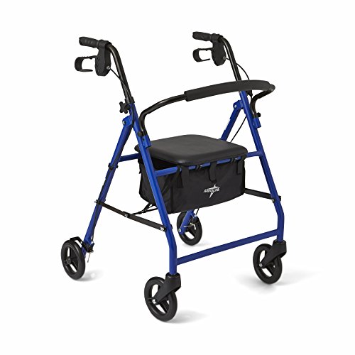 Medline Steel Foldable Adult Transport Rollator Mobility Walker with 6” Wheel...