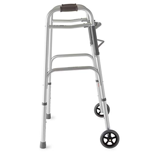 Medline Two-Button Folding Walker with Wheels, 5 inch