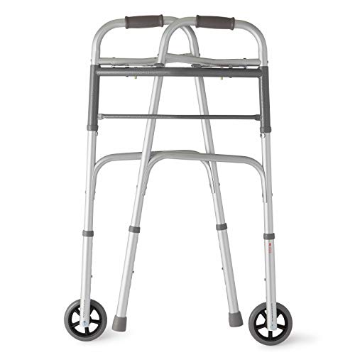 Medline Two-Button Folding Walker with Wheels, 5 inch