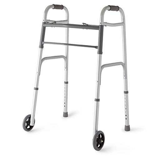 Medline Two-Button Folding Walker with Wheels, 5 inch
