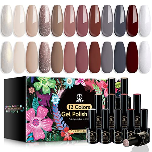 MEFA Gel Nail Polish Set 12 Colors - Nude Gel Polish Glitter White Pearl Dark...