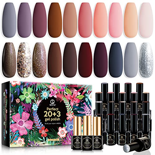MEFA Gel Nail Polish Set 20+3 Pcs with Gift Box, Soak Off Nude Gray Brown Gli...