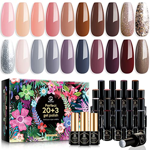 MEFA Gel Nail Polish Set 20+3 Pcs with Gift Box, Soak Off Nude Gray Brown Gli...