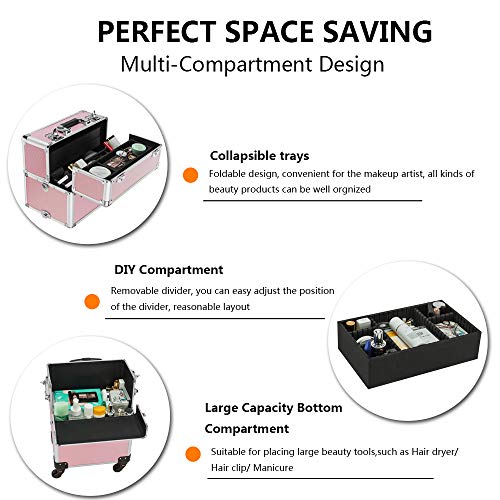 Mefeir 2-in-1 Rolling Makeup Train Case,4 Wheels Removable+W/Extra Bottom Lid...