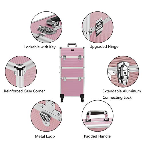 Mefeir 2-in-1 Rolling Makeup Train Case,4 Wheels Removable+W/Extra Bottom Lid...