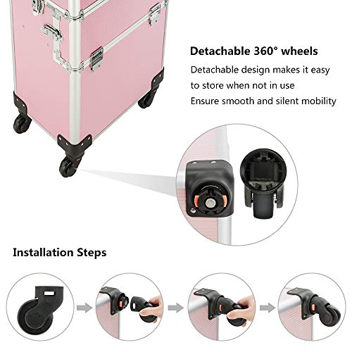 Mefeir 2-in-1 Rolling Makeup Train Case,4 Wheels Removable+W/Extra Bottom Lid...