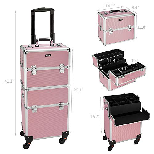 Mefeir 2-in-1 Rolling Makeup Train Case,4 Wheels Removable+W/Extra Bottom Lid...