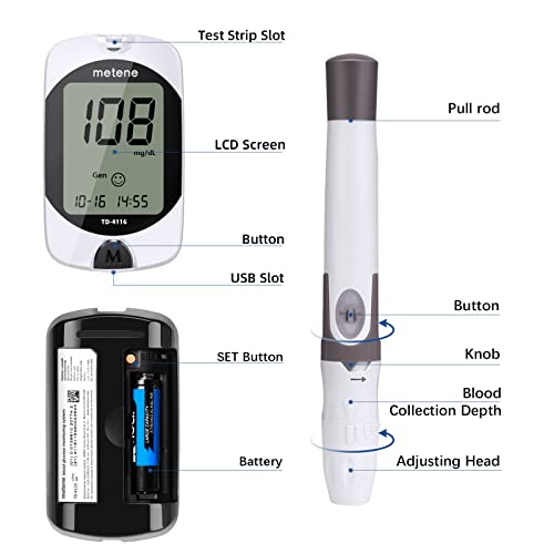 Metene TD-4116 Blood Glucose Monitor Kit, 100 Glucometer Strips, 100 Lancets,...