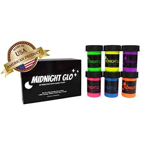 Midnight Glo Black Light Paint UV Neon Face & Body Paint Glow Kit (6 Bottles ...
