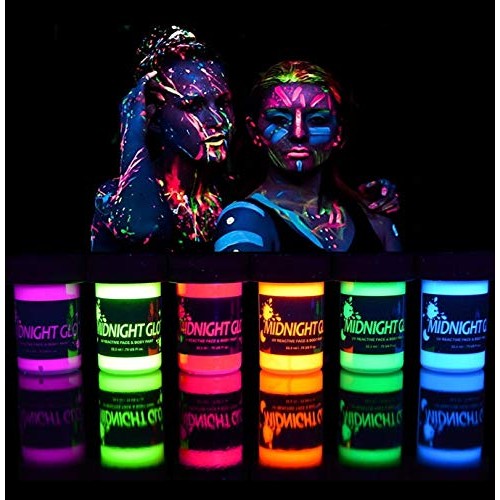 Midnight Glo Black Light Paint UV Neon Face & Body Paint Glow Kit (6 Bottles ...