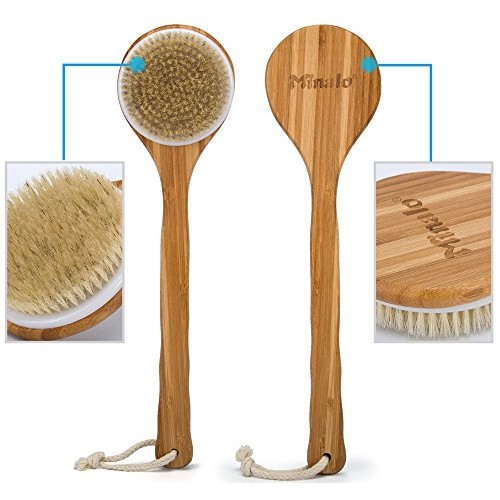 Minalo Best Bath Dry Body Brush -Natural Boar Bristles Shower Back Scrubber W...