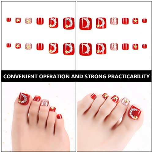 Minkissy 24 Pcs Red Glossy False Toe Nail Full Cover Fake Art Toe Nail Bling ...