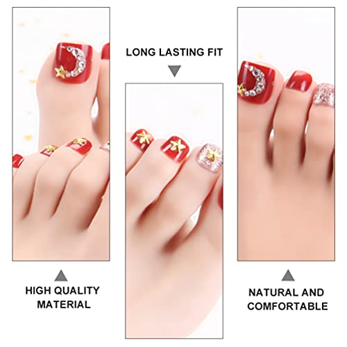 Minkissy 24 Pcs Red Glossy False Toe Nail Full Cover Fake Art Toe Nail Bling ...