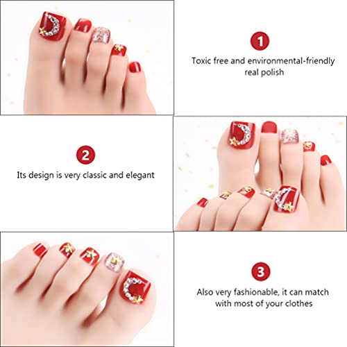 Minkissy 24 Pcs Red Glossy False Toe Nail Full Cover Fake Art Toe Nail Bling ...