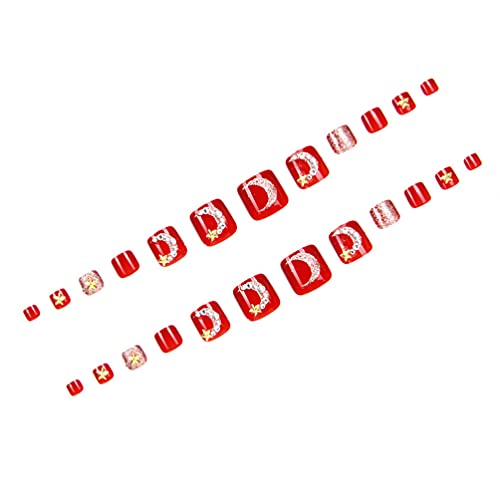 Minkissy 24 Pcs Red Glossy False Toe Nail Full Cover Fake Art Toe Nail Bling ...