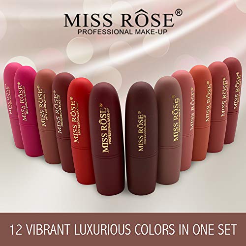 Miss Rose Long-lasting Matte Lipstick Set, 12 PCS Multi Colored featuring ful...