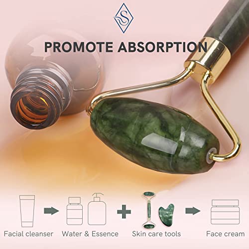 Jade Facial Roller & Gua Sha Set for Face & Eyes Real Natural Skin Care Tools...