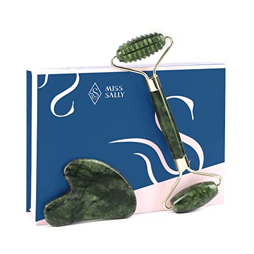 Jade Facial Roller & Gua Sha Set for Face & Eyes Real Natural Skin Care Tools...