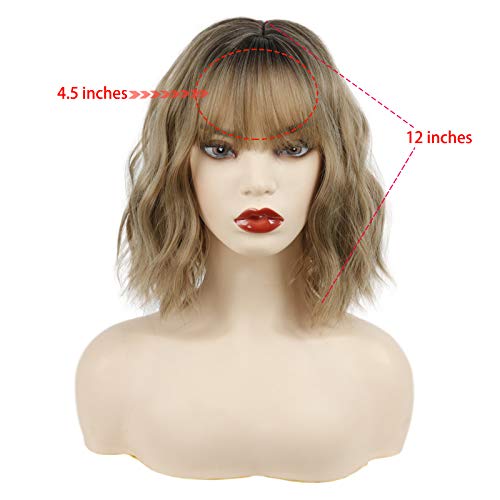 MISSQUEEN Short Curly Bob Wig With Bangs Wavy Synthetic Cosplay Bob Wig loose...