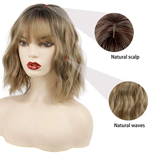 MISSQUEEN Short Curly Bob Wig With Bangs Wavy Synthetic Cosplay Bob Wig loose...