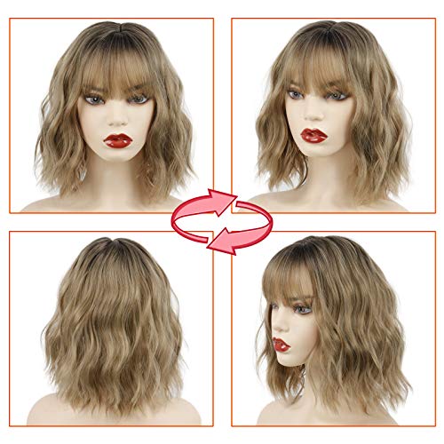 MISSQUEEN Short Curly Bob Wig With Bangs Wavy Synthetic Cosplay Bob Wig loose...